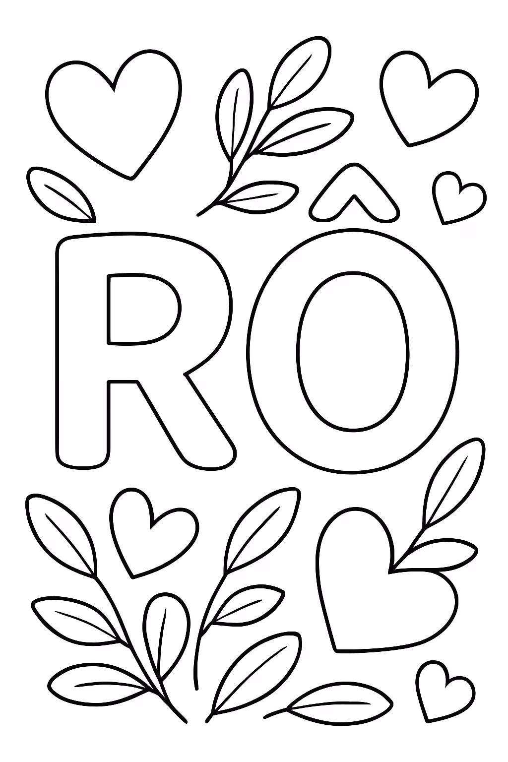 Nome ro com coracoes e folhas para colorir — desenho para imprimir