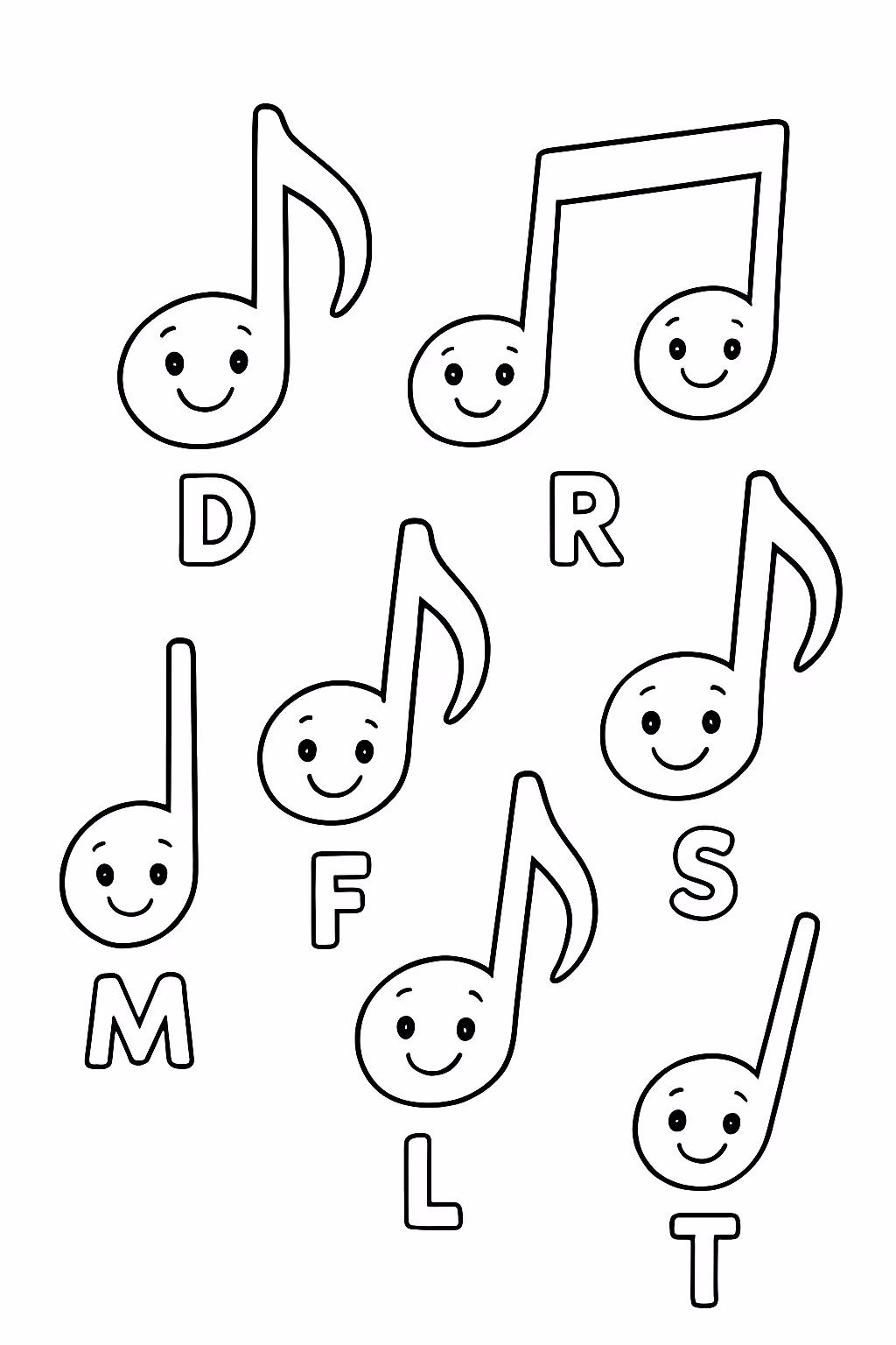 Notas musicais as sete notas com os nomes de cada para colorir — desenho para imprimir
