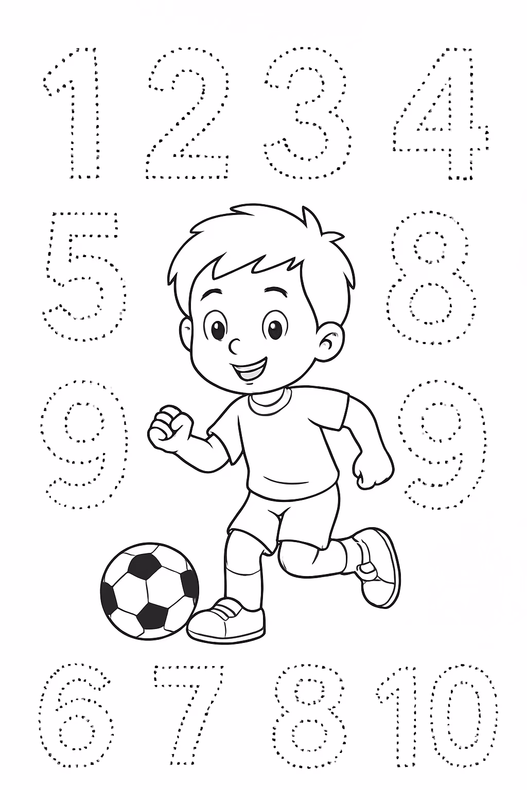 Numeros de a pontilhado com um menino jogando futebol no para colorir — desenho para imprimir
