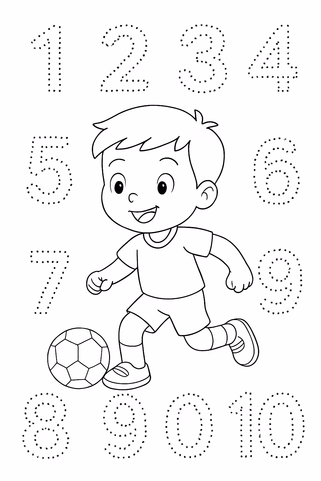 Numeros de a pontilhado com um menino jogando futebol no para colorir — desenho para imprimir