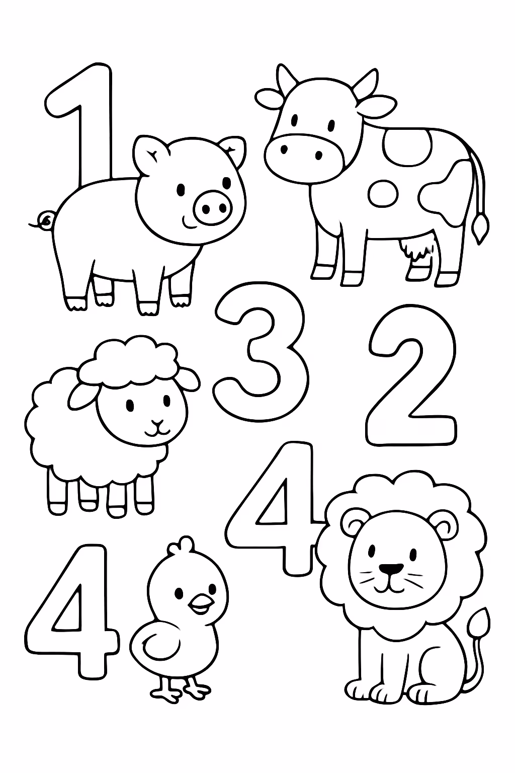 Numeros de a cada numero com um animal porquiunho vaca para colorir — desenho para imprimir