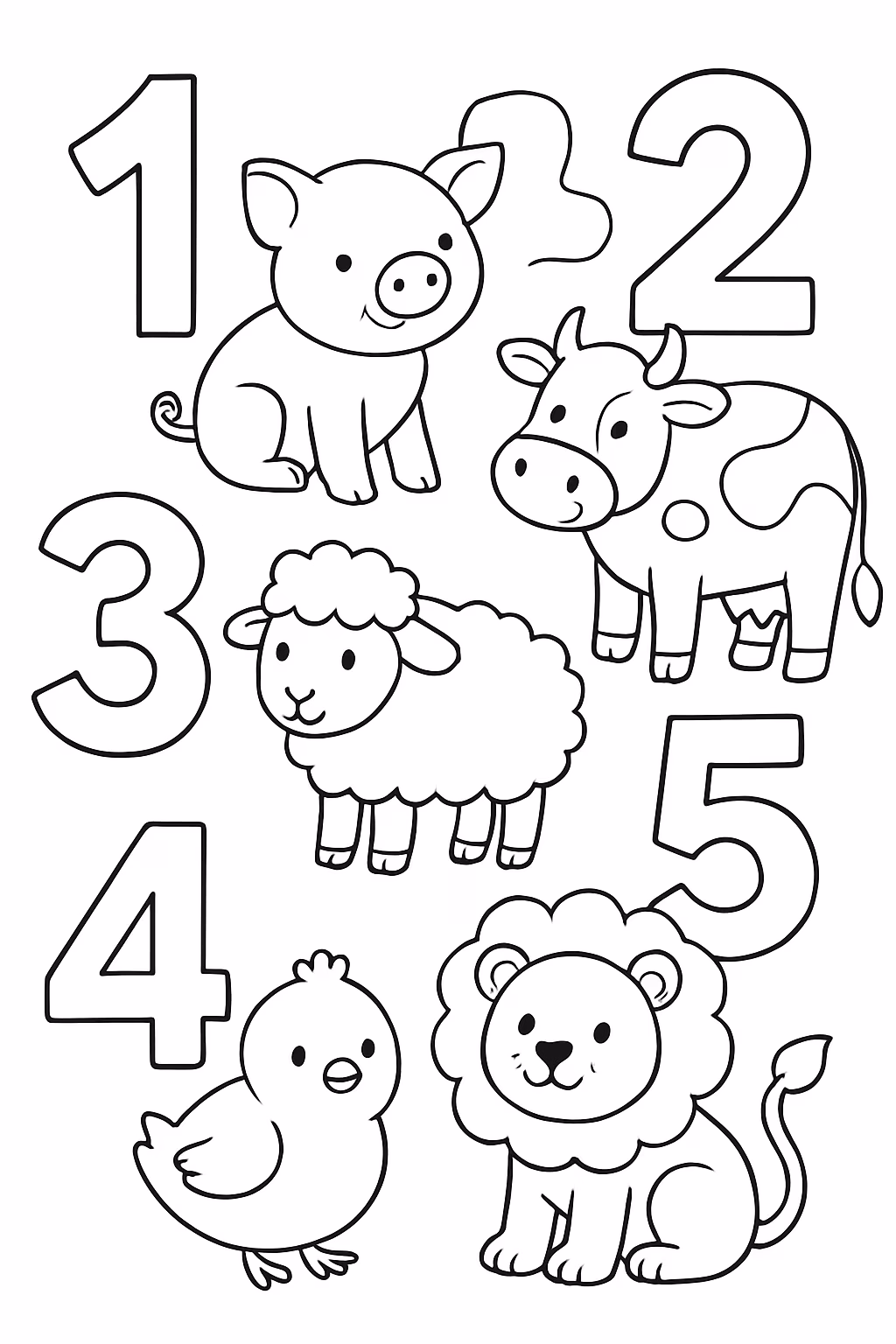 Numeros de a cada numero com um animal porquiunho vaca para colorir — desenho para imprimir