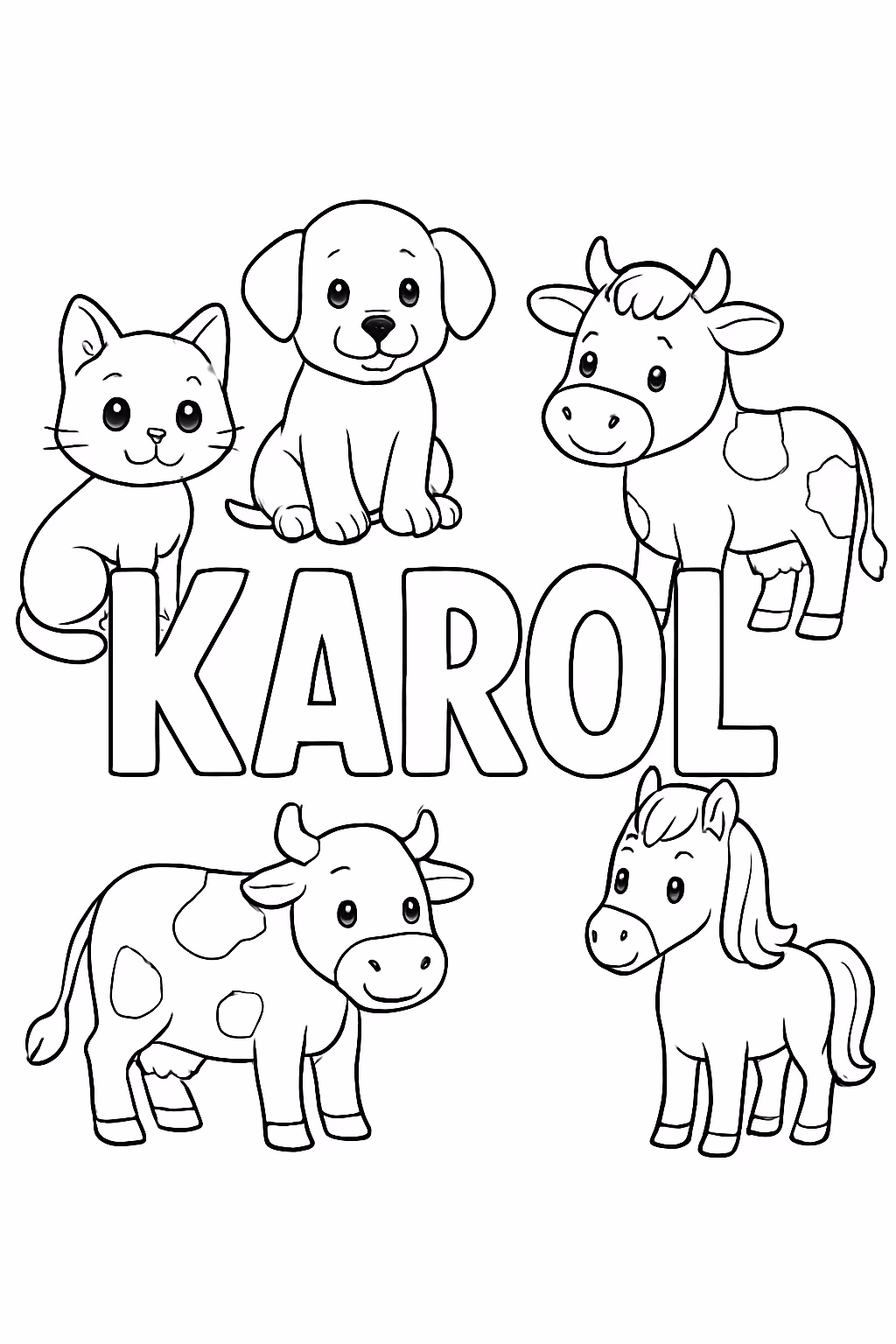 O nome karol cheio de gatinho cachorrinho vacas e cavalo para colorir — desenho para imprimir