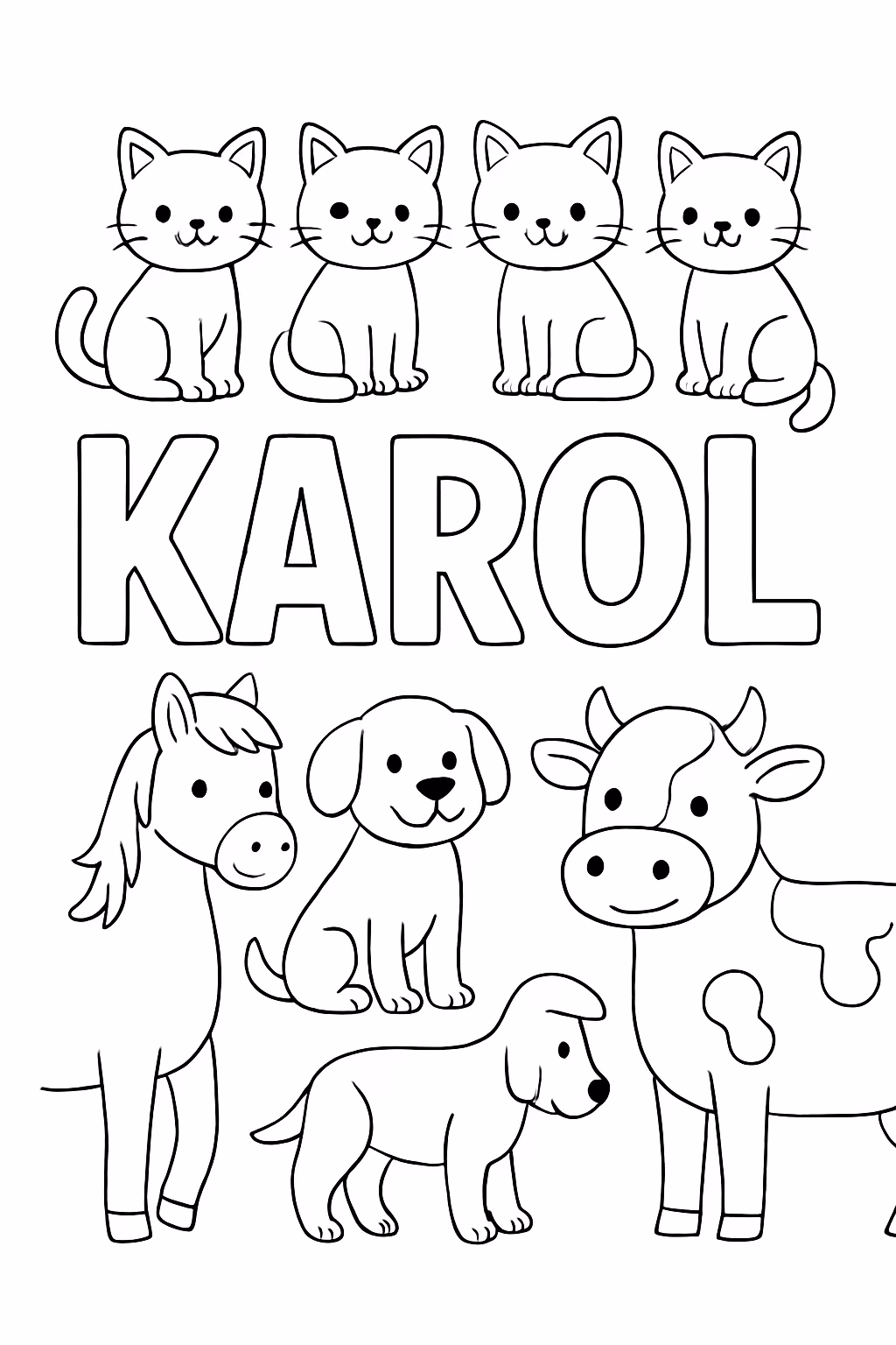 O nome karol cheio de gatinhos cachorrinhos cavalos e vacas para colorir — desenho para imprimir