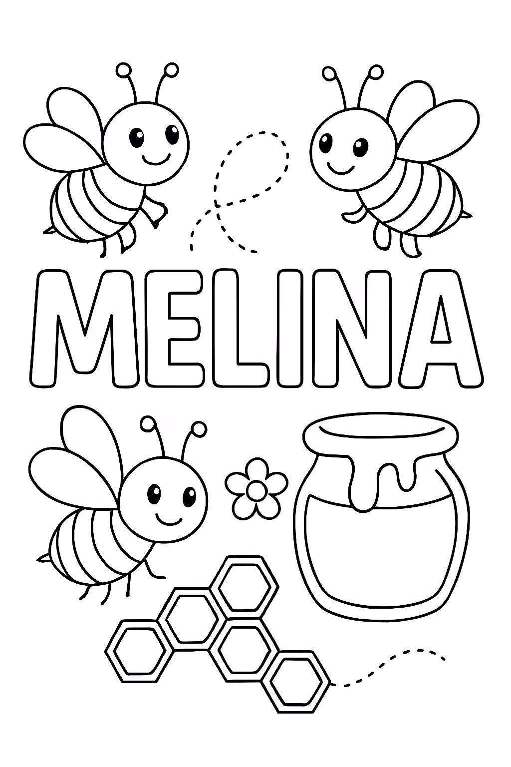 O nome melina com abelhas e mel para colorir — desenho para imprimir