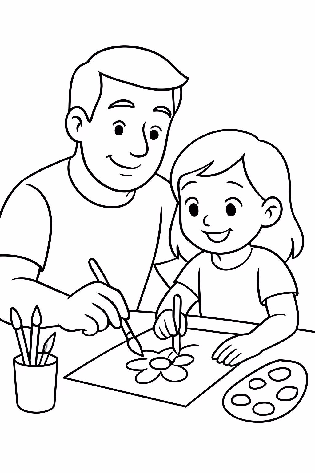 O papai e uma filha pintando para colorir — desenho para imprimir