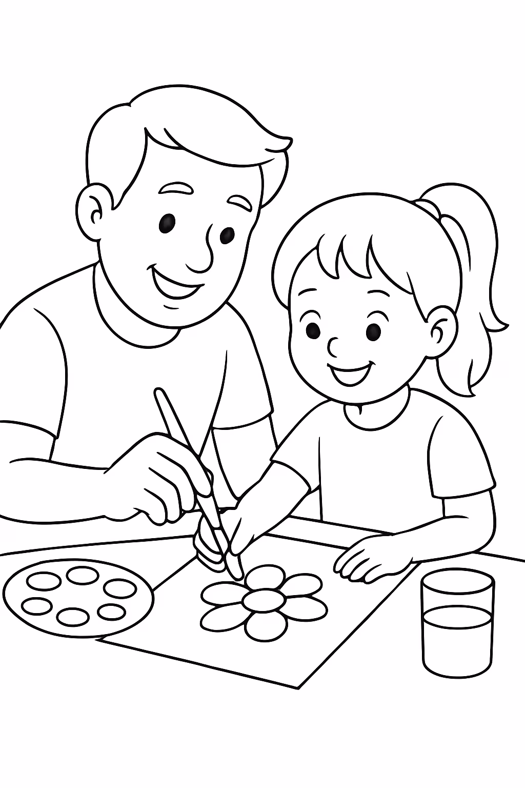 O papai e uma filha pintando para colorir — desenho para imprimir