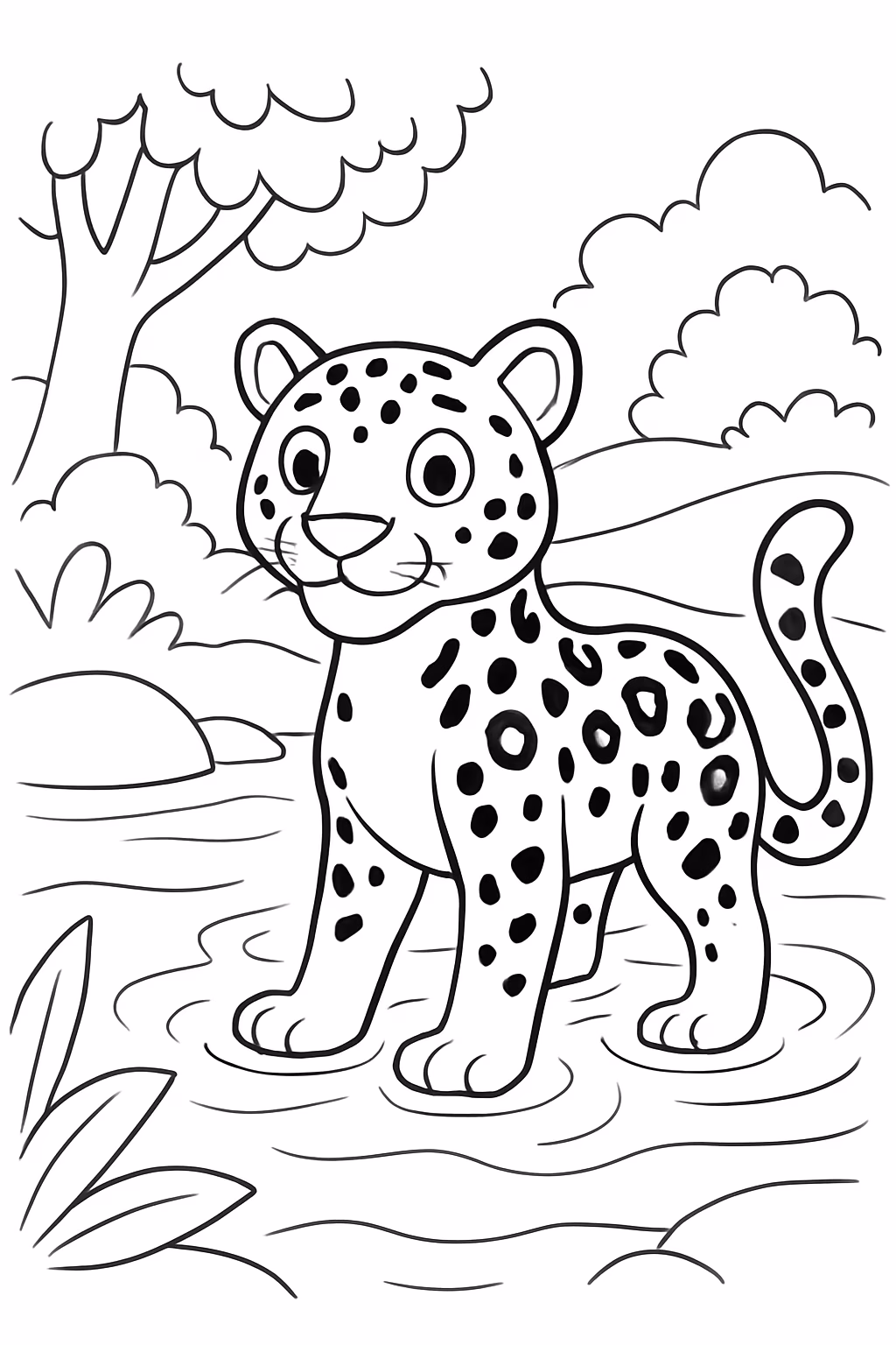 Onca pintada no rio para colorir — desenho para imprimir