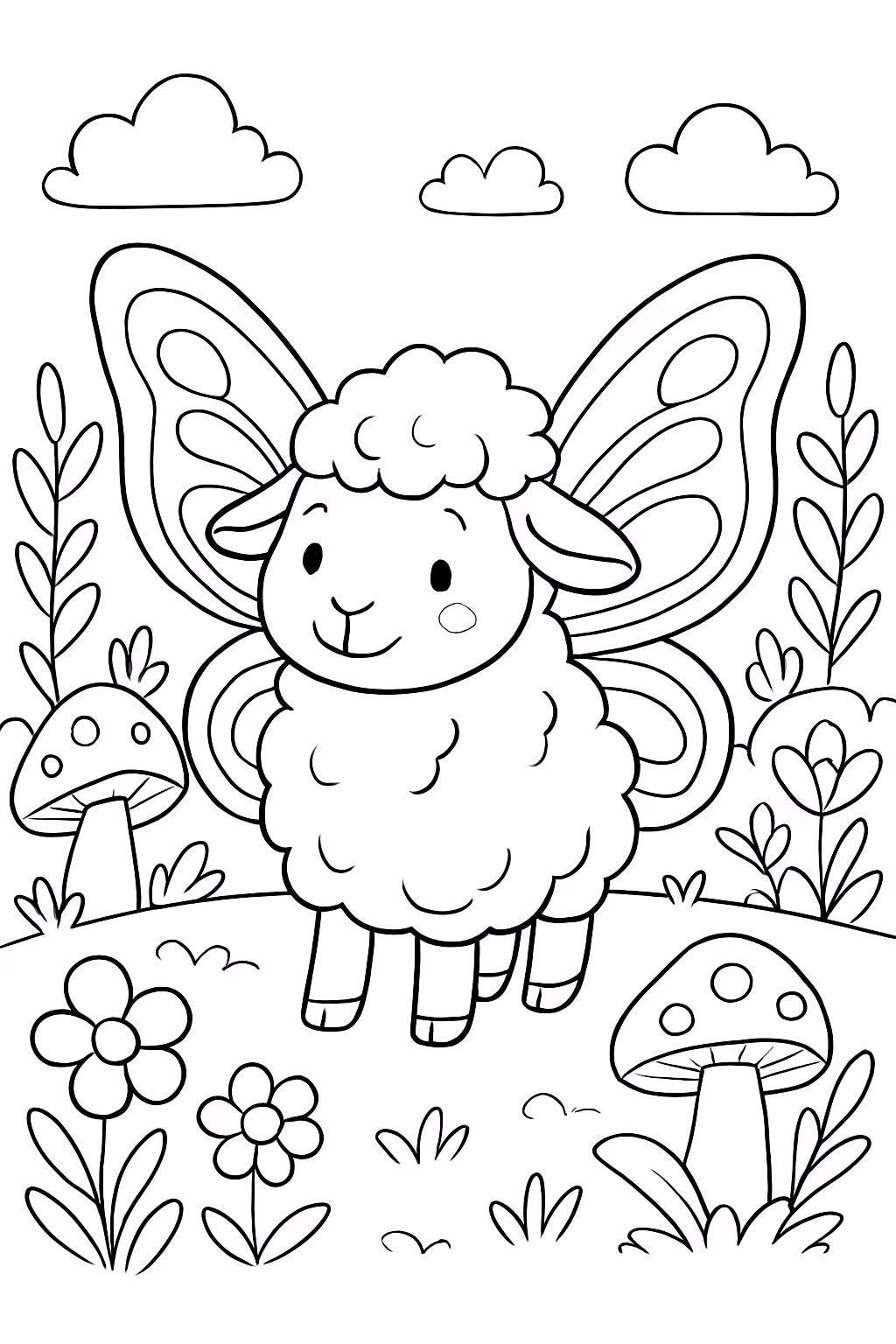 Ovelha com asas de borboleta em um jardim de fada para colorir — desenho para imprimir
