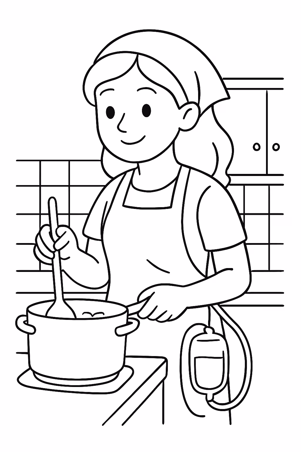 Paciente mulher com bolsa de nefrostomia cozinhando para colorir — desenho para imprimir