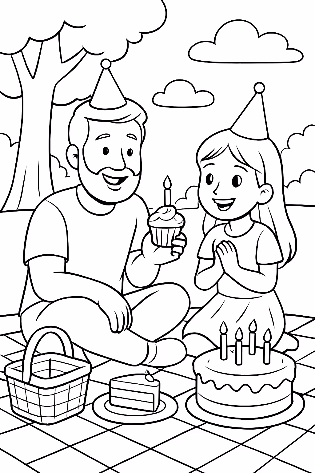 Pai anos e filha anos no aniversario em um picnic para colorir — desenho para imprimir