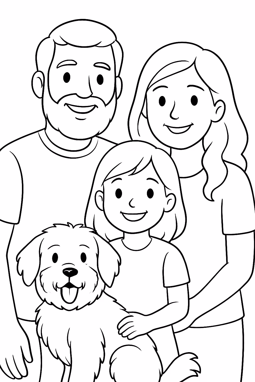 Pai com barba mae filha com anose cao peludo para colorir — desenho para imprimir