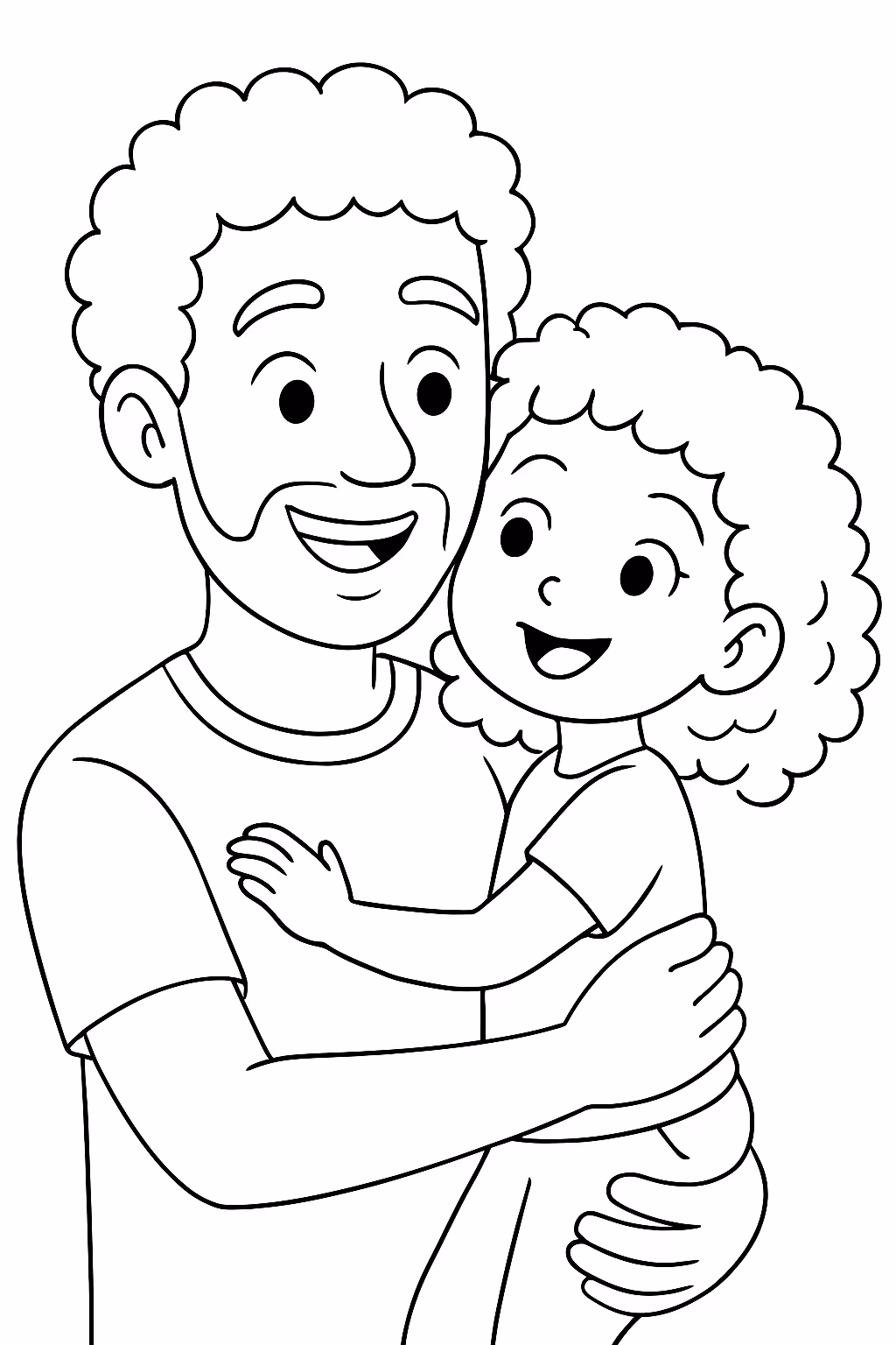Pai com filha do cabelo cacheado para colorir — desenho para imprimir