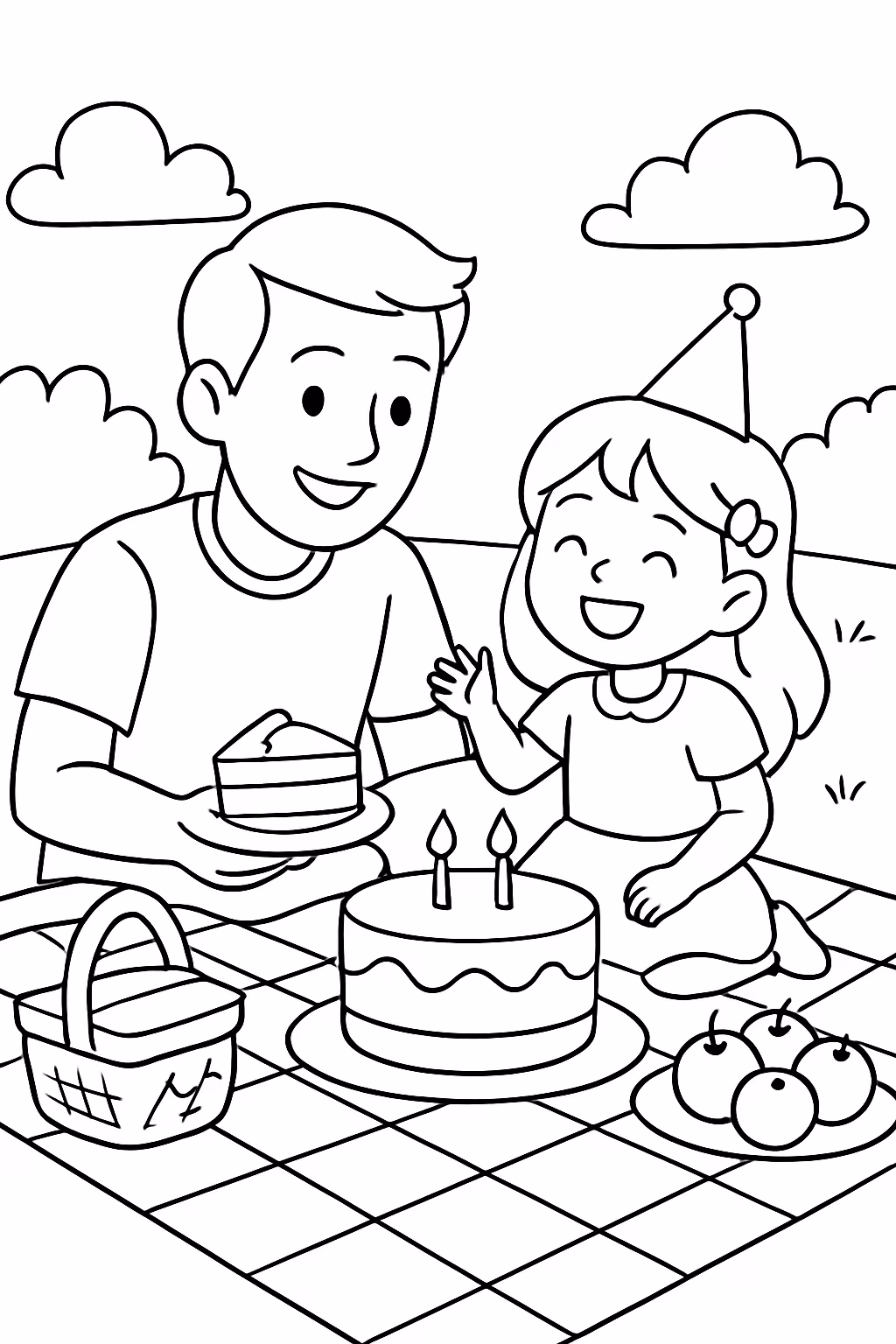 Pai e filha em picnic aniversario para colorir — desenho para imprimir