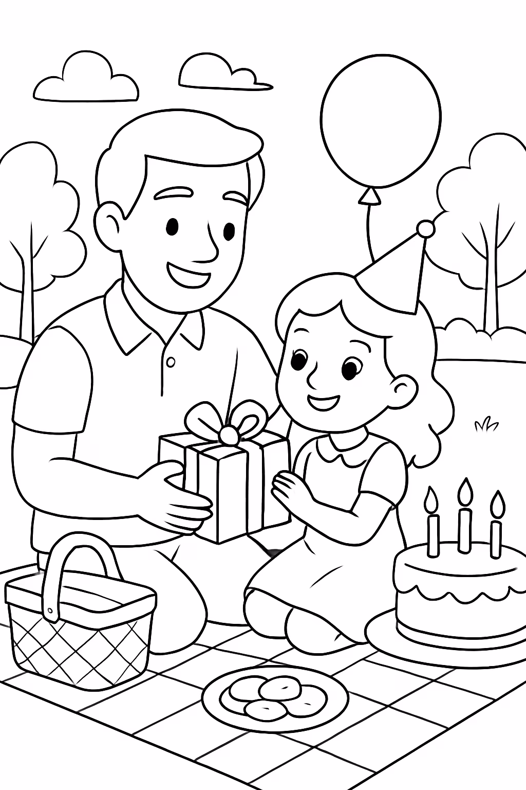 Pai e filha no aniversario em um picnic para colorir — desenho para imprimir