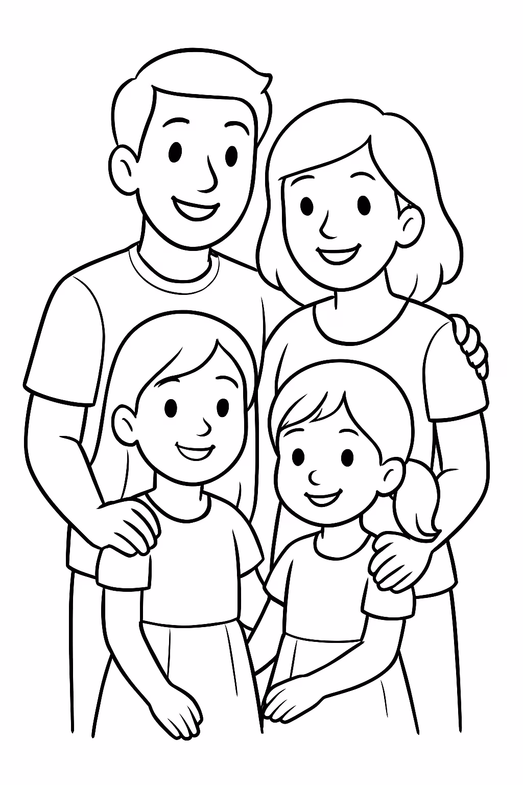 Pai mae duas filhas para colorir — desenho para imprimir