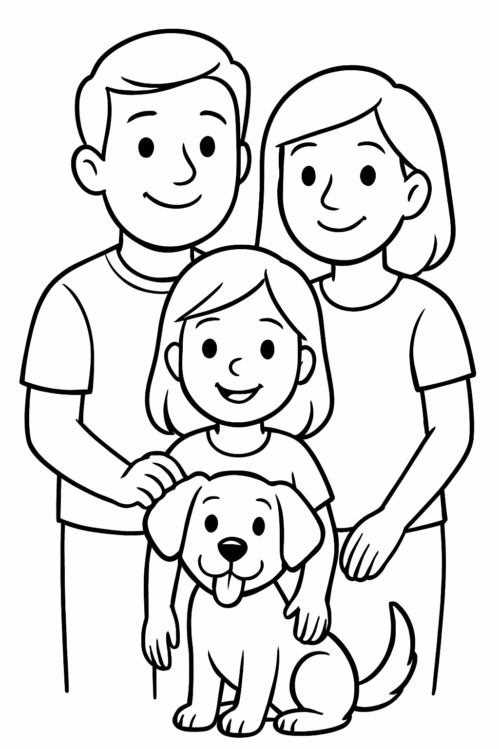 Pai mae filha e cao para colorir — desenho para imprimir