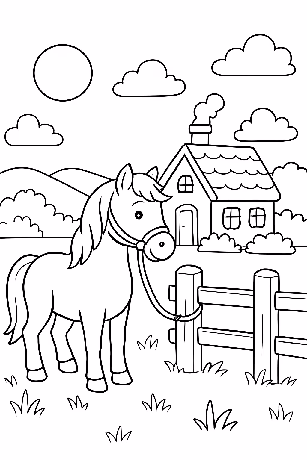 Paisagem casa no campo cavalo amarrado e paz para colorir — desenho para imprimir