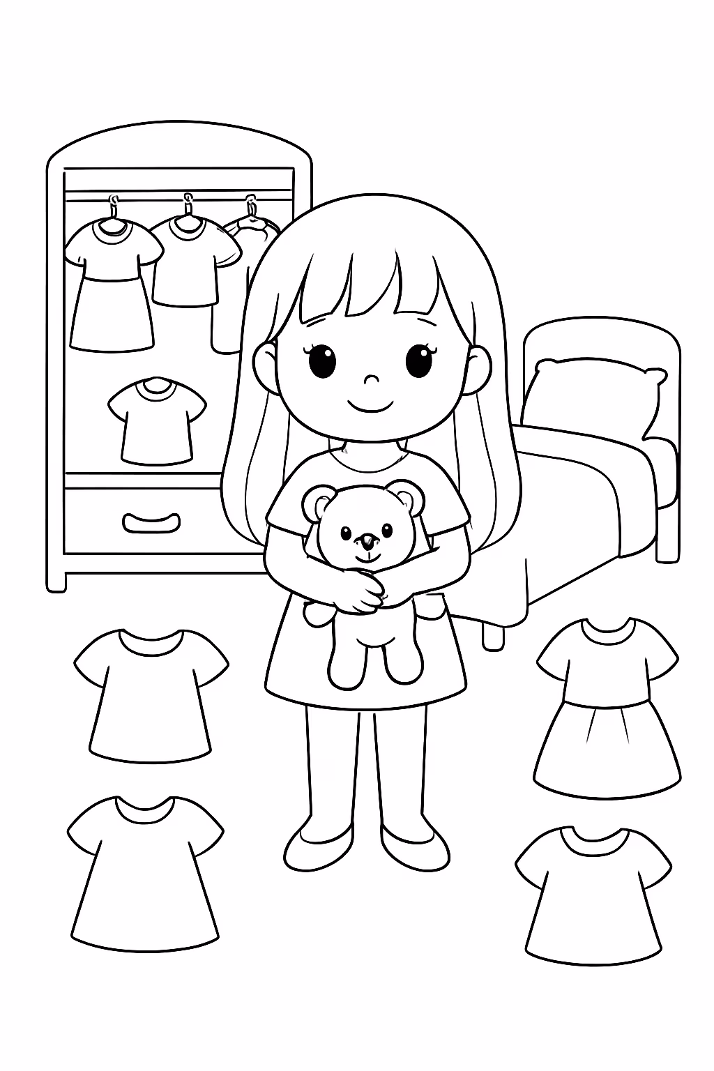 Paper doll menina de cabelo liso com uma cama e para colorir — desenho para imprimir
