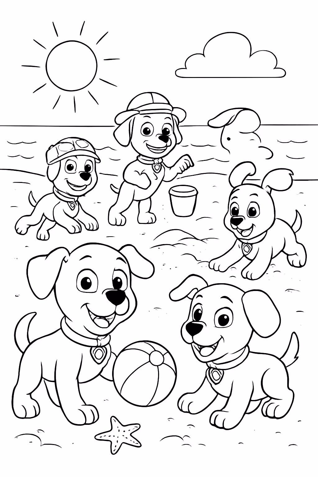 Patrulha pata com todos os caes a brincar na praia para colorir — desenho para imprimir