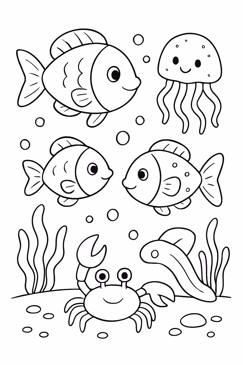 Peixinhos no mar com ca ranguejo agua viva para colorir — desenho para imprimir
