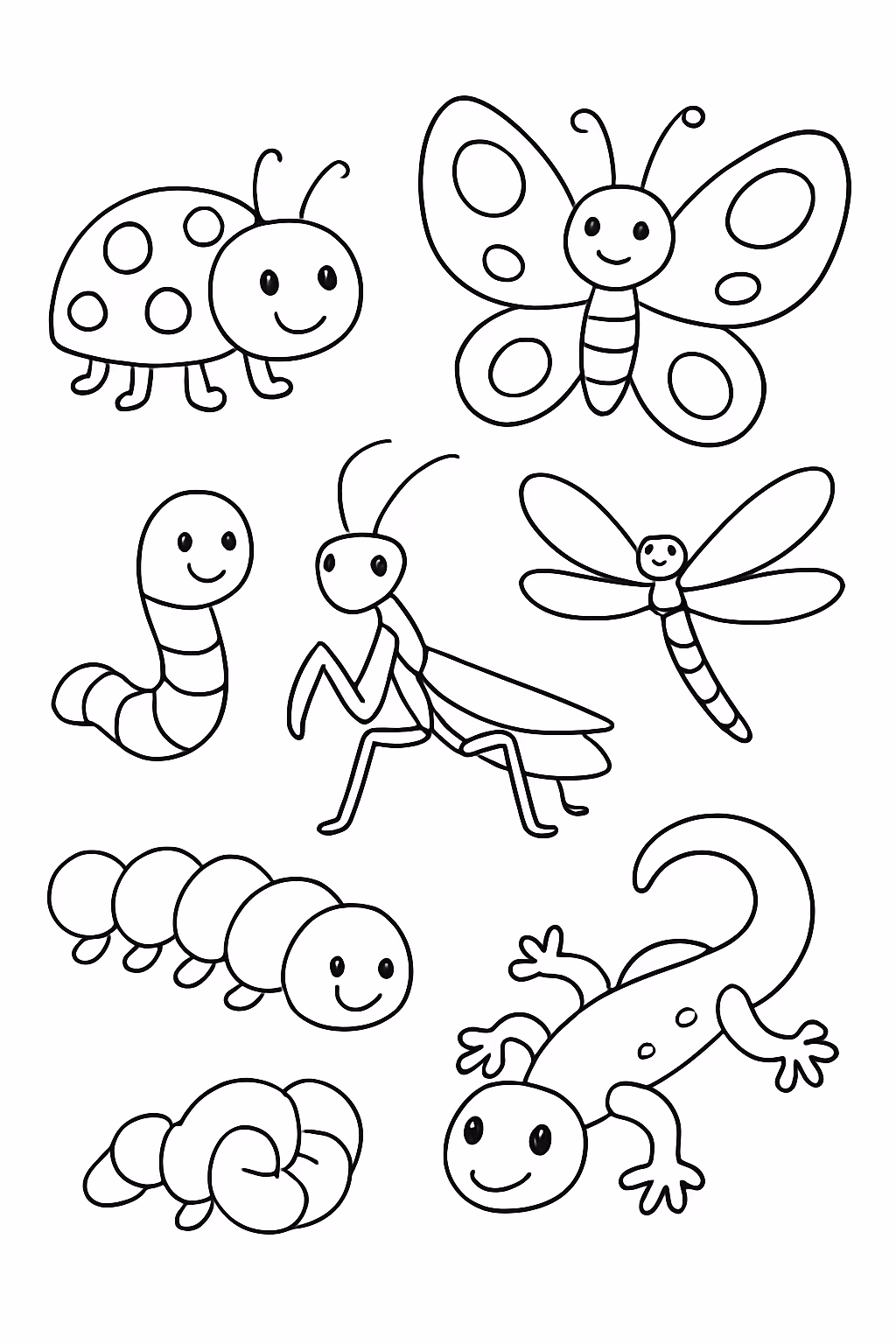 Pequenos insetos fofos joaninha borboleta minhoca louva deus largata largatixa para colorir — desenho para imprimir