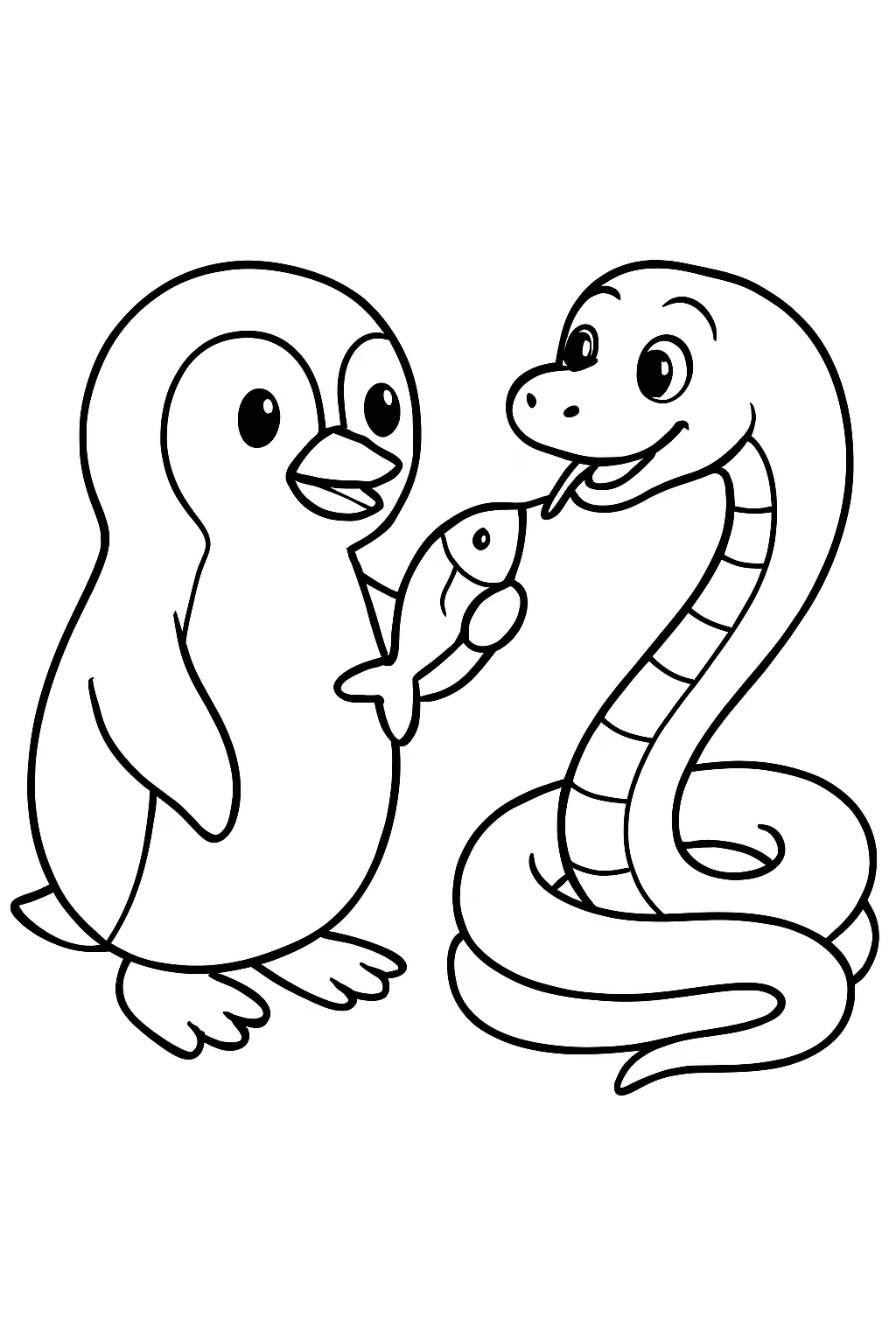 Pinguim dando comida cobra para colorir — desenho para imprimir