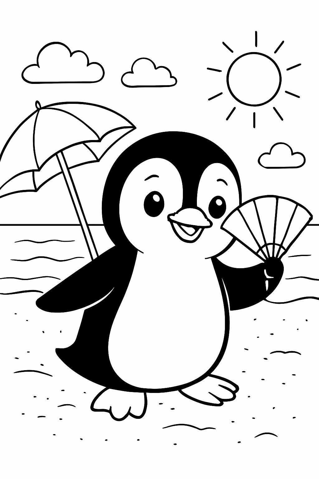 Pinguim na praia se abanando para colorir — desenho para imprimir