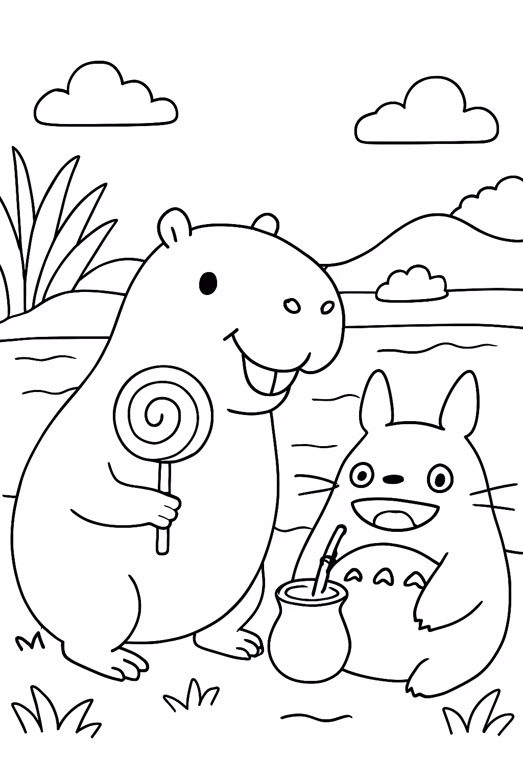 Pirulito mordido pela capivara feliz sorridente no rio quente resorts para colorir — desenho para imprimir
