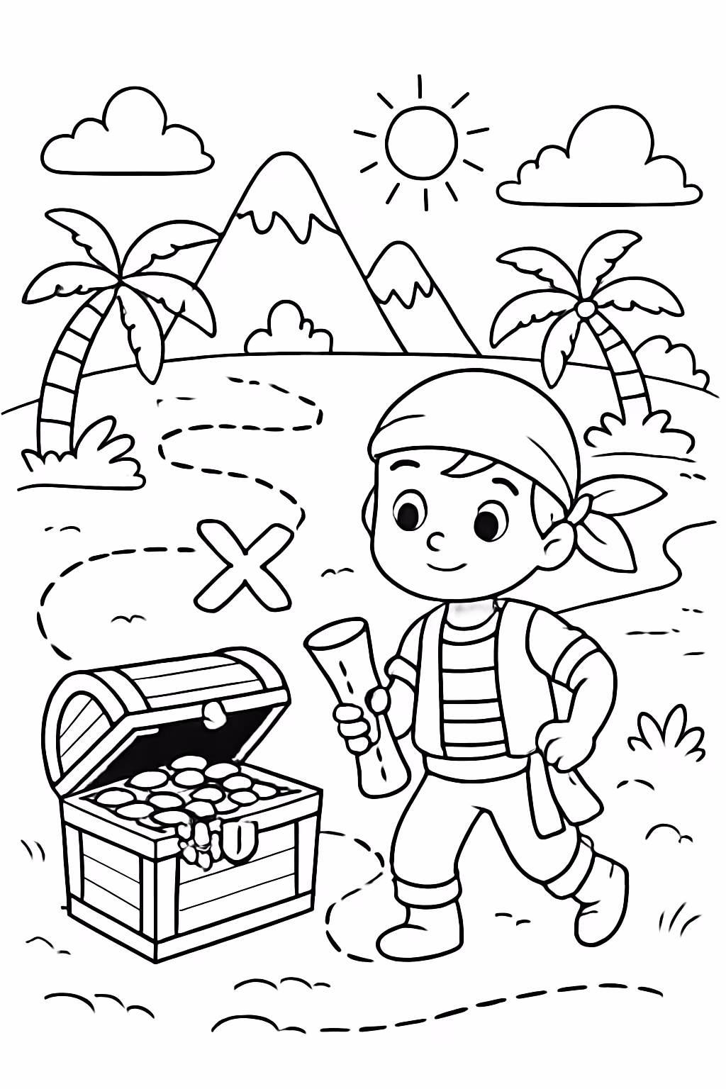 Pista de caca ao tesouro para colorir — desenho para imprimir