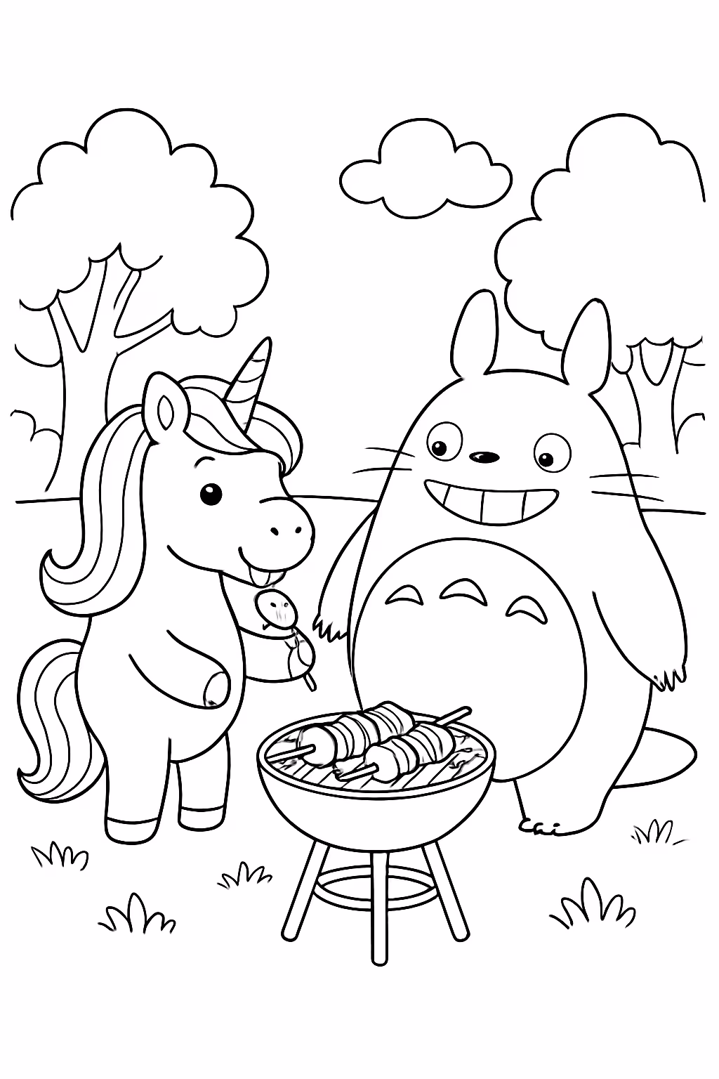 Poney arco iris no parque comendo churrasco e passendo com para colorir — desenho para imprimir