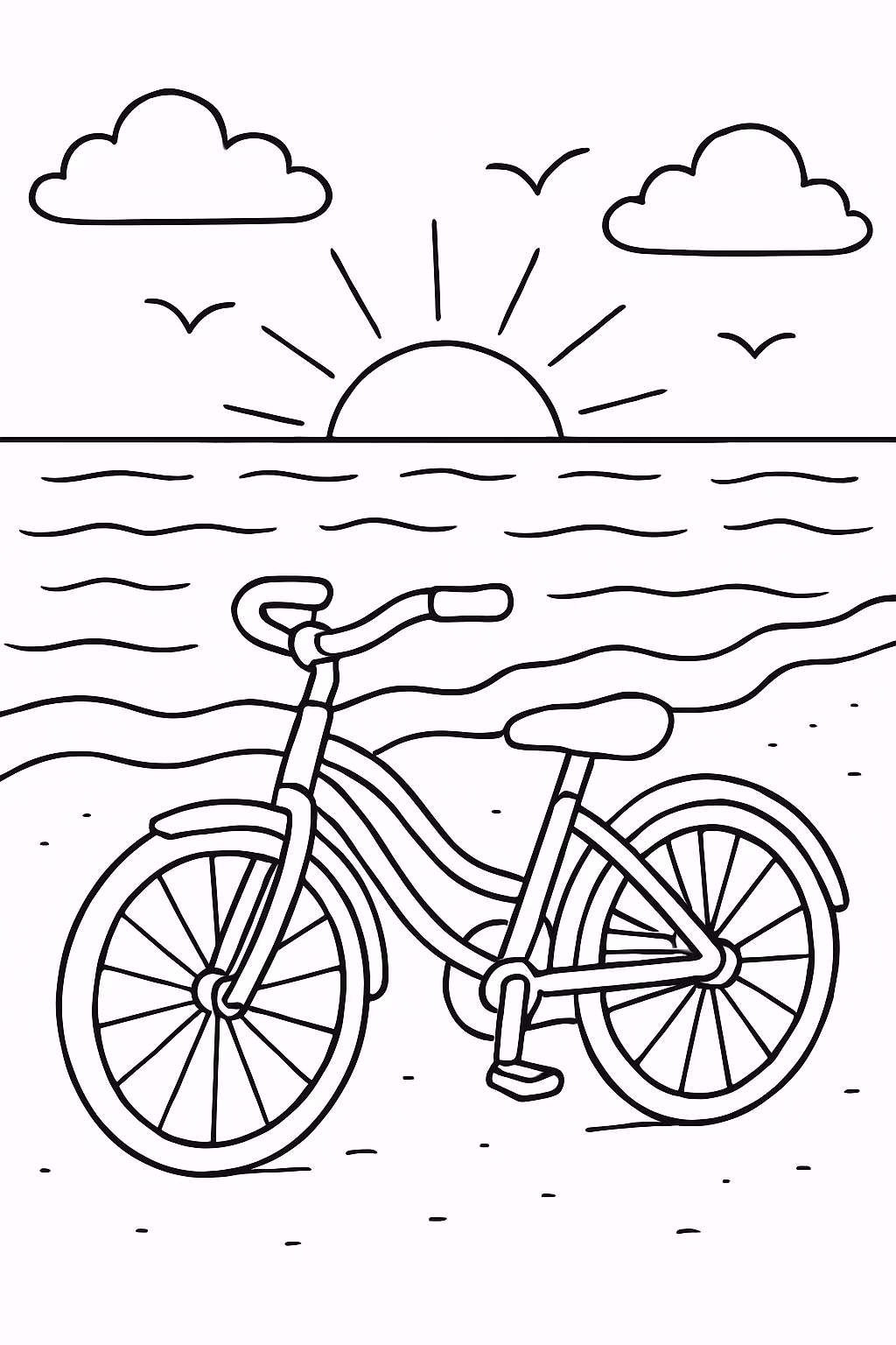 Por do sol na praia com bicicleta para colorir — desenho para imprimir