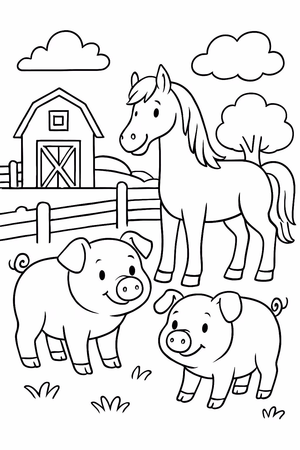 Porcos e cavalos na fazend para colorir — desenho para imprimir