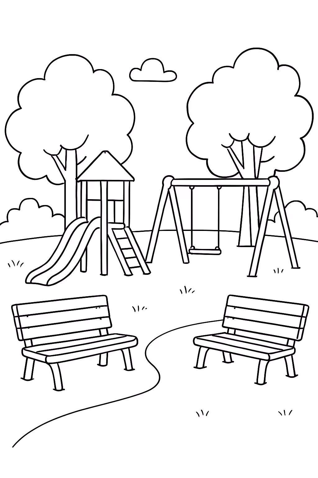 Pracinha com bancos arvores escorregador e balanco infantil para colorir — desenho para imprimir
