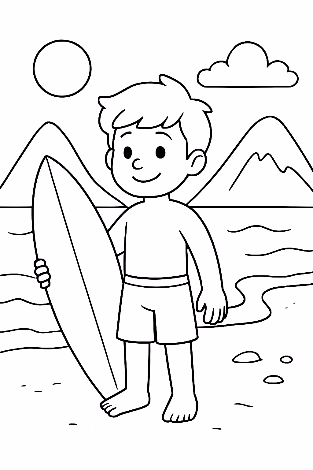 Praia com surfista e montanhas para colorir — desenho para imprimir