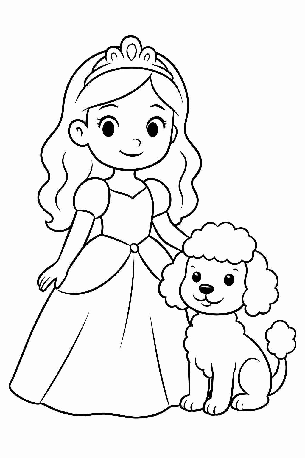 Princesa com um cachooro peludo pudou para colorir — desenho para imprimir