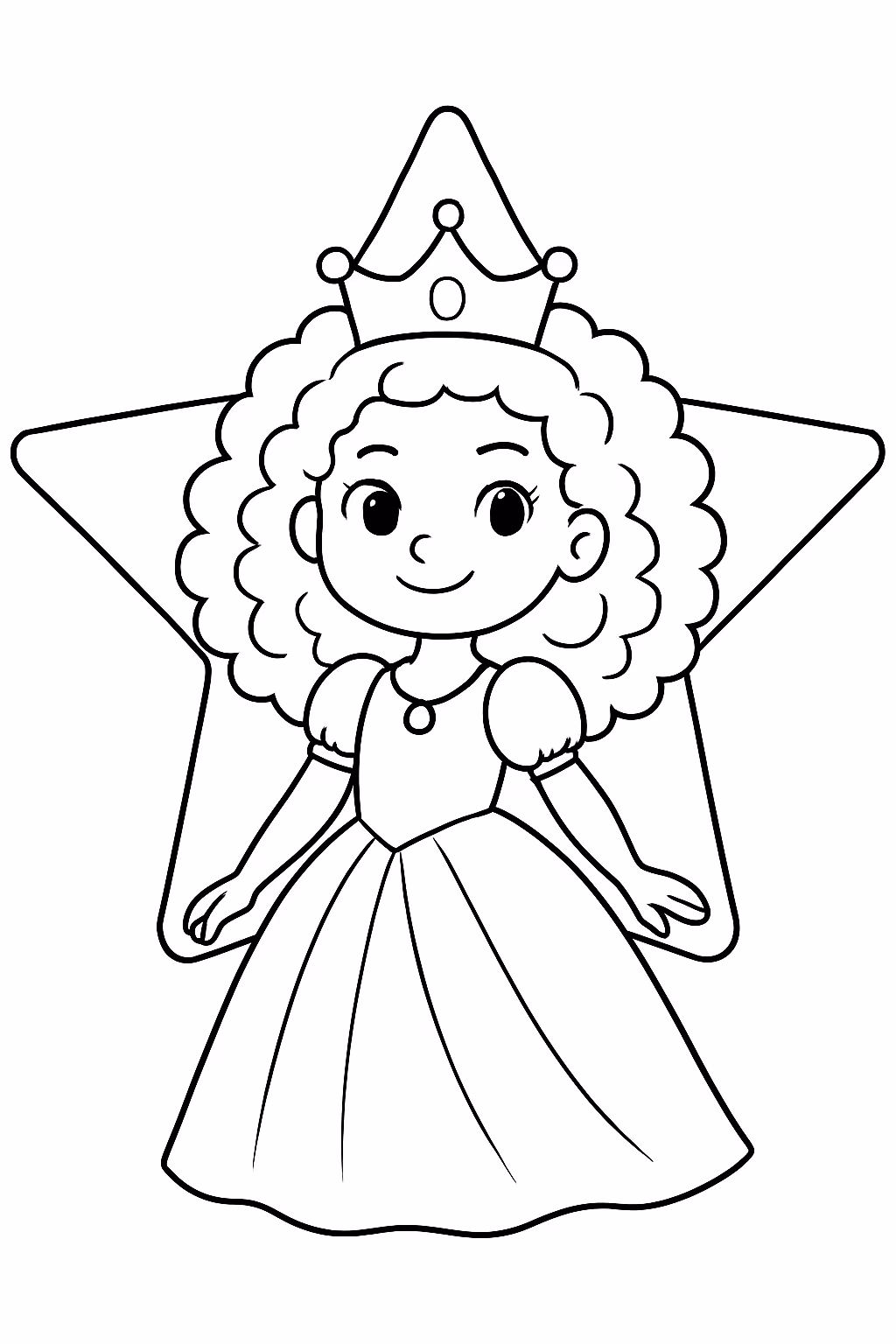 Princesa de cabelo cacheado dentro de uma estrela para colorir — desenho para imprimir