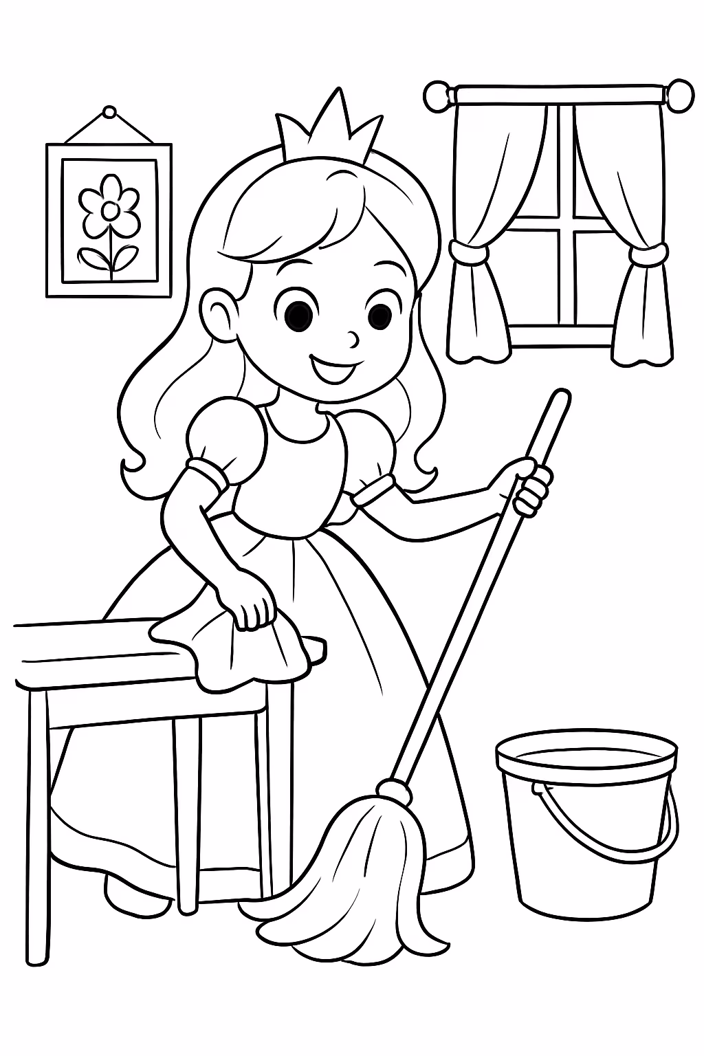 Princesa limpando a casa para colorir — desenho para imprimir