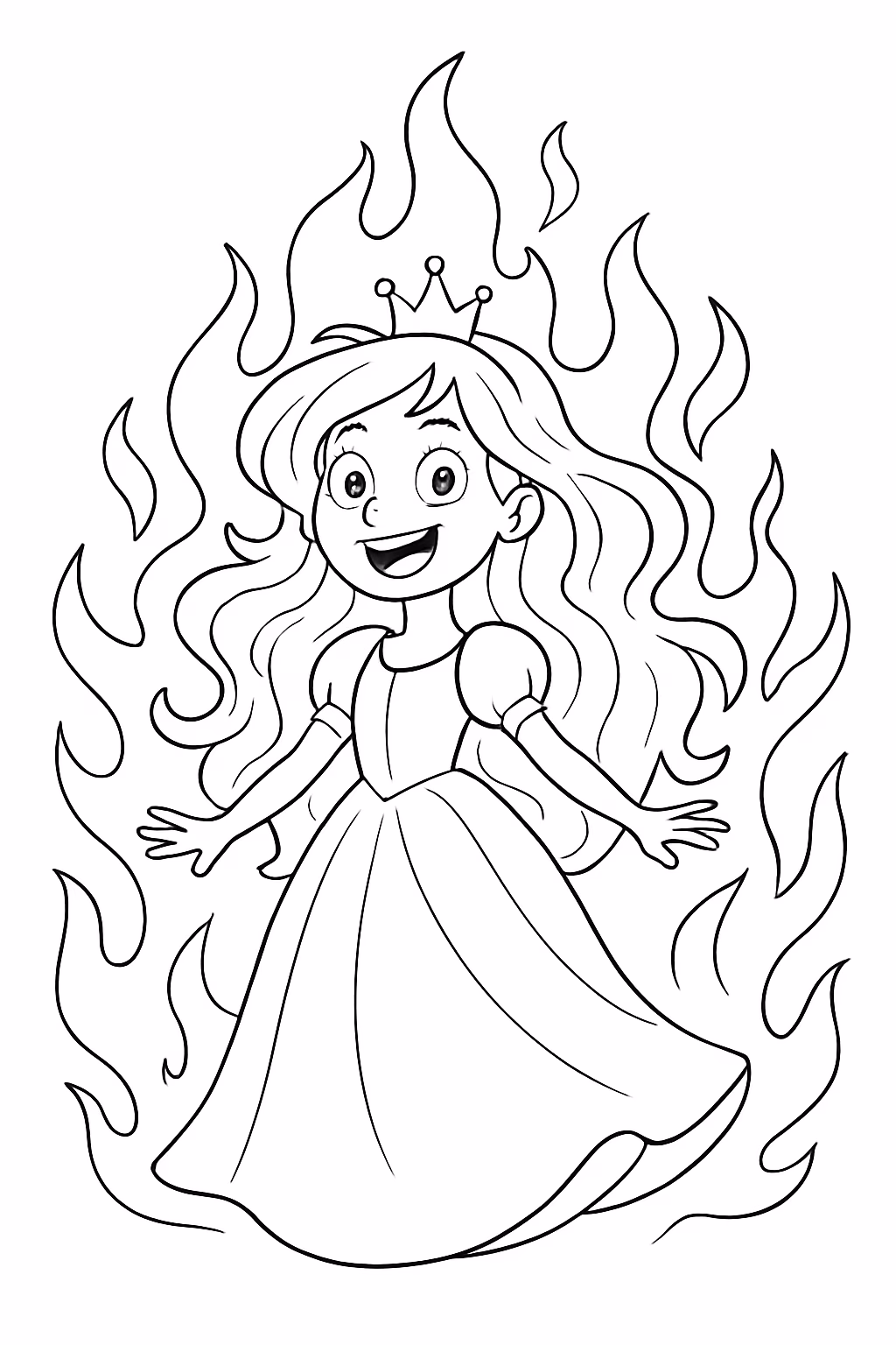 Princesa maluca com cabelo zaponzel e fogo em volta para colorir — desenho para imprimir