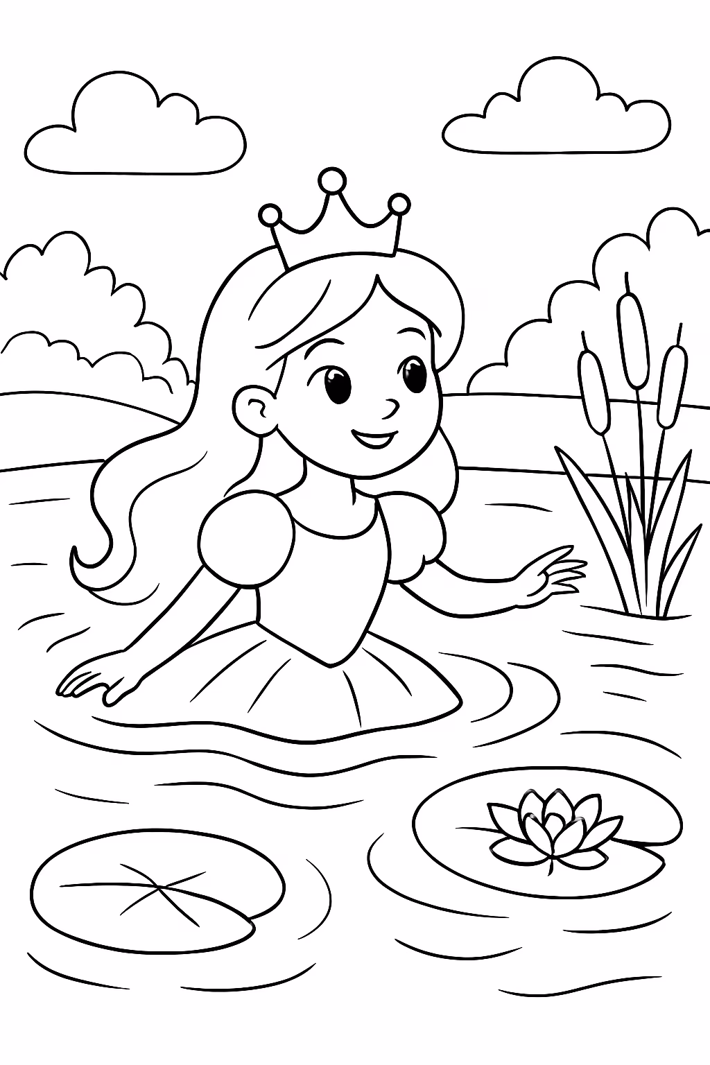 Princesa nadando em um lago para colorir — desenho para imprimir