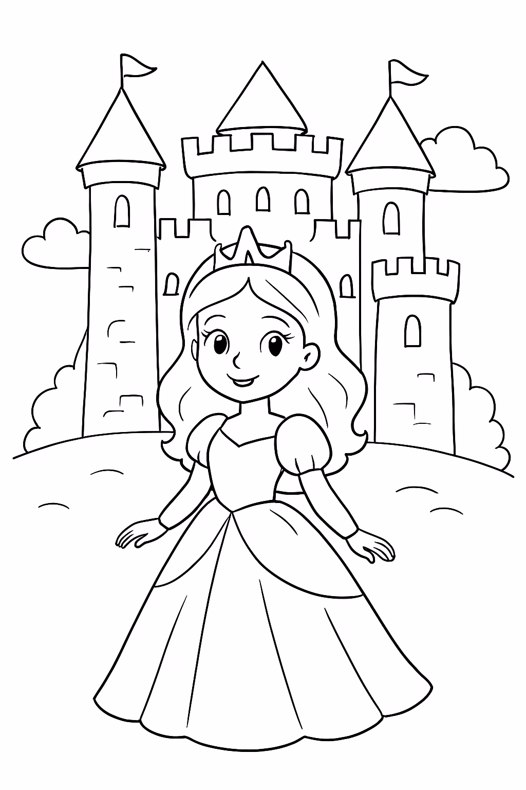 Princesa ne castelo grande para colorir — desenho para imprimir