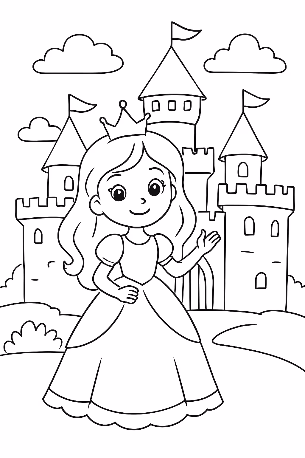 Princesa no castelo para colorir — desenho para imprimir