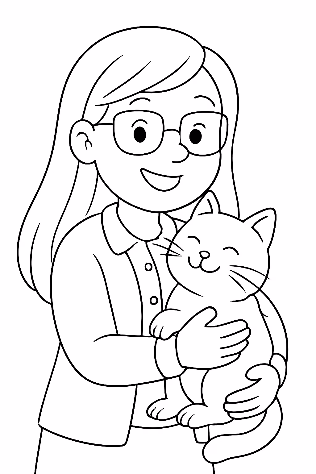 Professora de cabelo longo a bracando um gato para colorir — desenho para imprimir