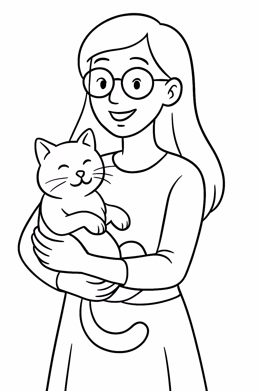 Professora de cabelo longo magra a bracando um gato para colorir — desenho para imprimir