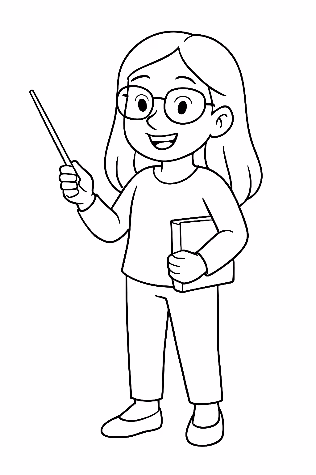 Professora feliz de oculos de cabelo longo de calca e para colorir — desenho para imprimir
