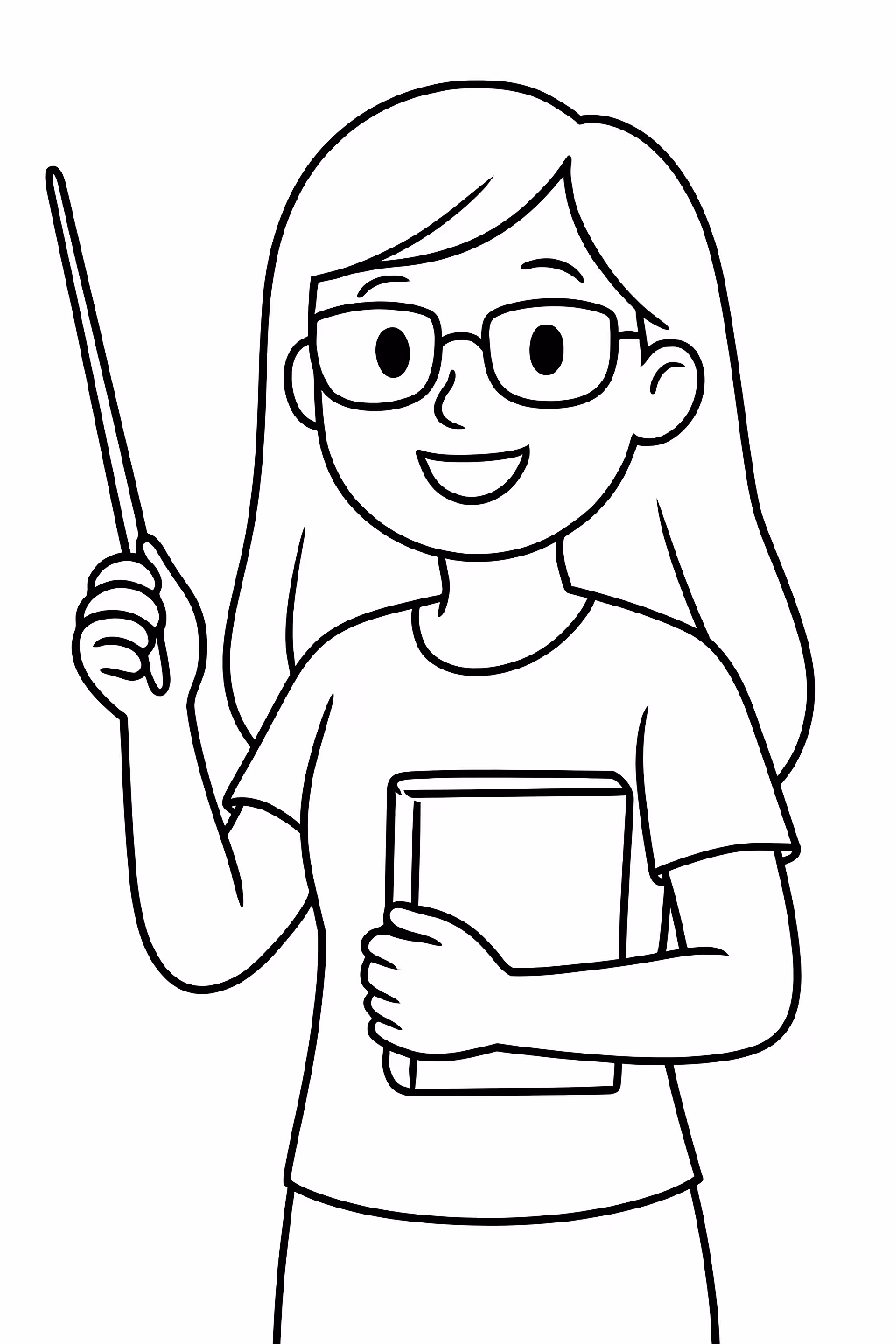 Professora feliz de oculos de cabelo longo e camiseta para colorir — desenho para imprimir