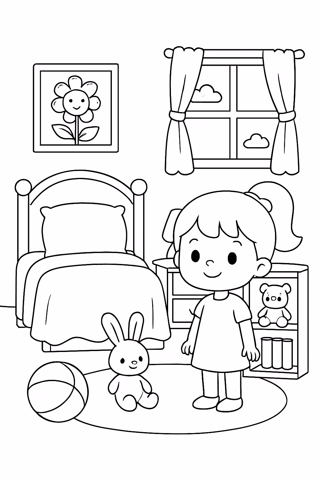 Quarto de menina fofinho para colorir — desenho para imprimir