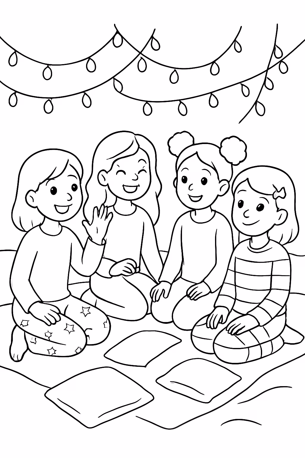 Quatro amigas em uma festa do pijama com pisca pisca para colorir — desenho para imprimir