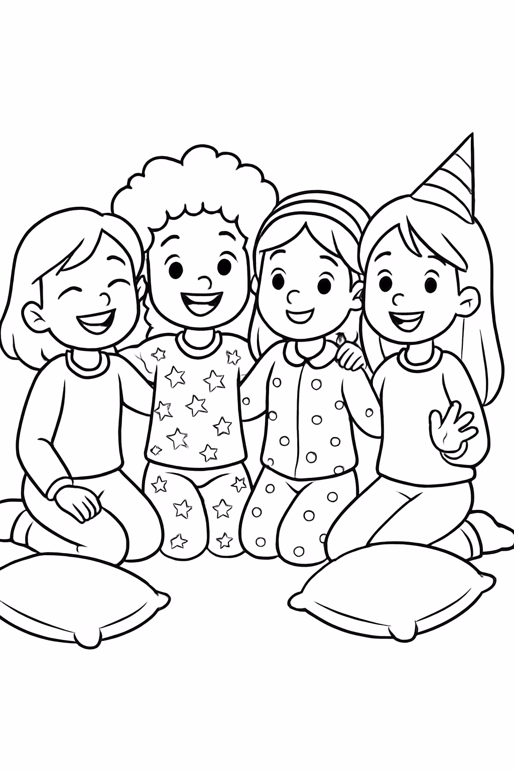 Quatro amigas festa do pijama para colorir — desenho para imprimir