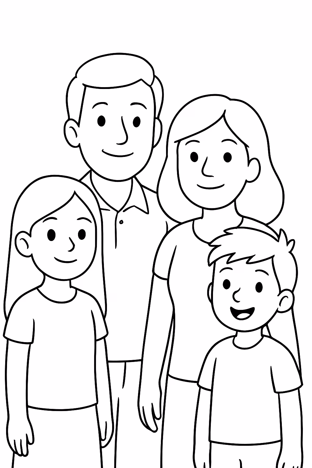 Quatro pessoas menina de cabelo longo e liso um homem para colorir — desenho para imprimir
